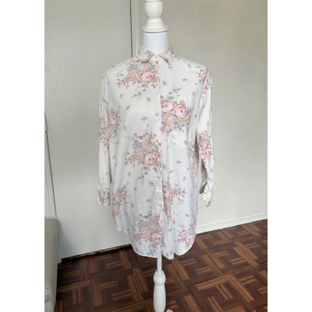 Victoria's Secret Vintage Gold Tag 1980’s White & Pink Floral Print Top Size L